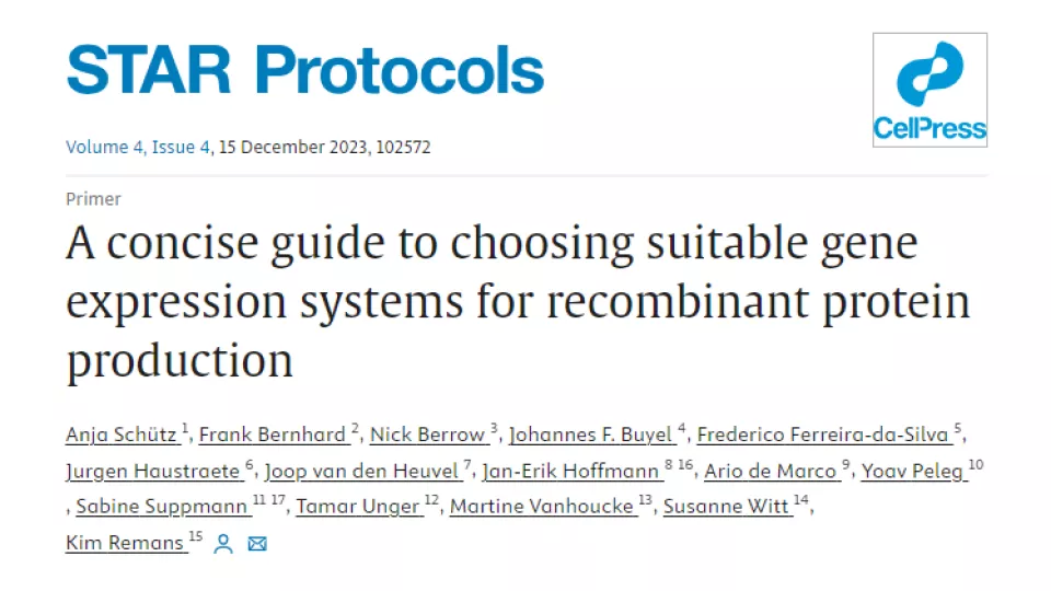 Photo with text: title and authors for the article about protein expression systems