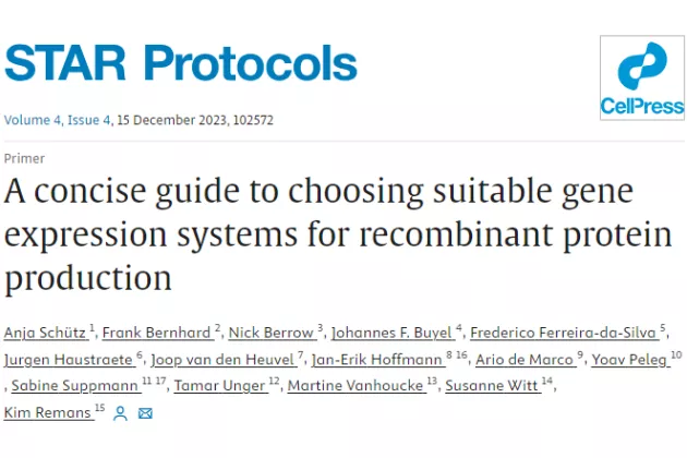 Photo with text: title and authors for the article about protein expression systems
