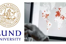 Lund University logotype and a photo of a computer screen displaying a world map.